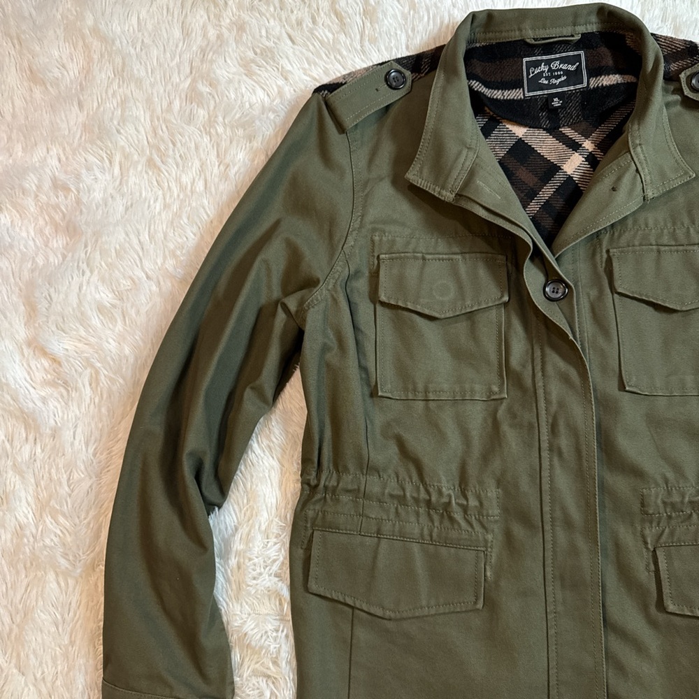 Lucky Brand Olive Utility Jacket with Fall Plaid Inset Back - Size XL EUC - Picture 3 of 4